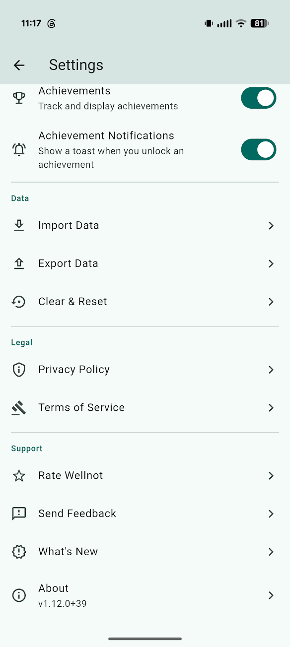 Wellnot settings page continued