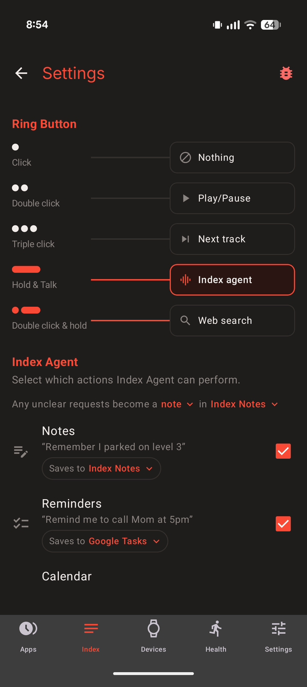 Pebble Index 01 app settings showing ring button actions and Index Agent destinations