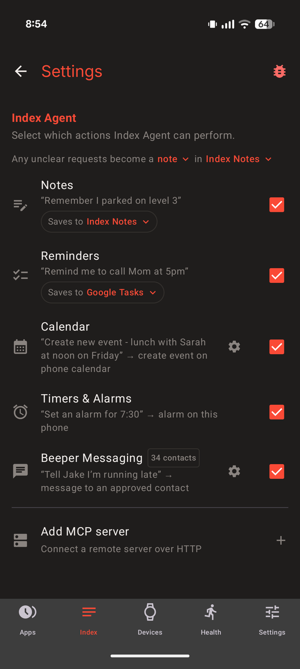 Pebble Index 01 app showing Index Agent actions including Beeper messaging and MCP servers