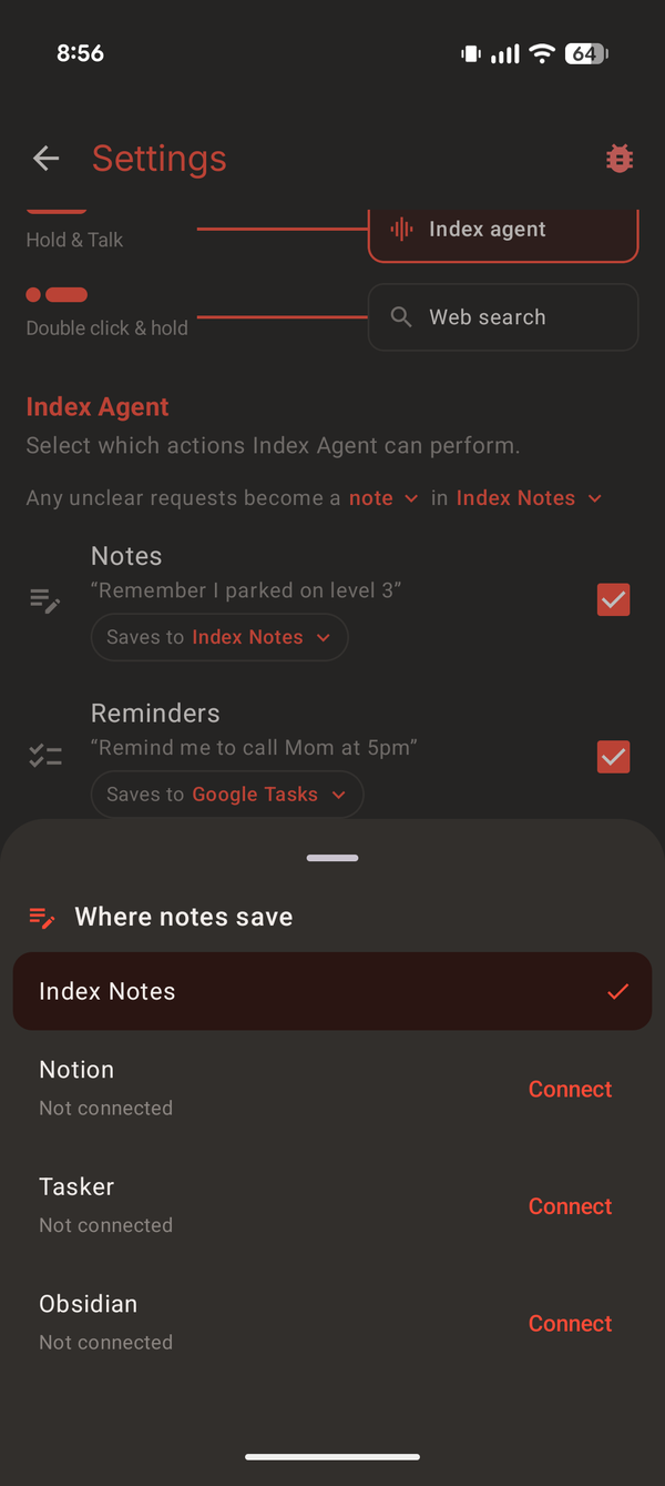 Pebble Index 01 app showing note destinations including Obsidian and Index Notes